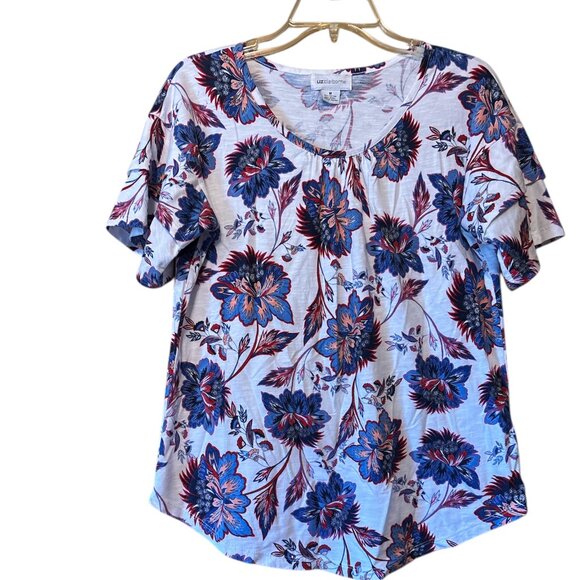 Liz Claiborne Women's Top Size Medium Red White Blue Floral - Picture 1 of 7